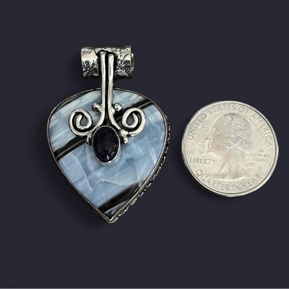 Teardrop Natural Owyhee Opal & Amethyst 2” Gemstone Silver Pendant - Picture 5 of 7